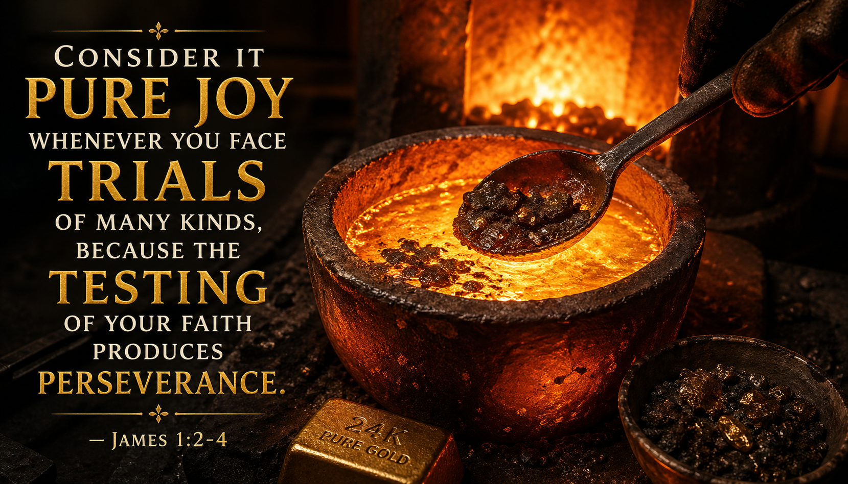 Molten gold being refined in a crucible with orange glow and dark workshop with James 1:2-4 verse about testing of faith producing perseverance